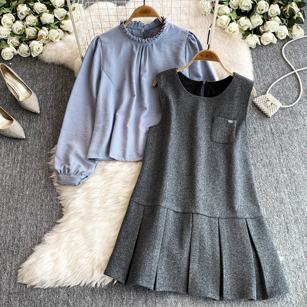 Pleated Vest Dress&Bottoming Shirt 2Pcs