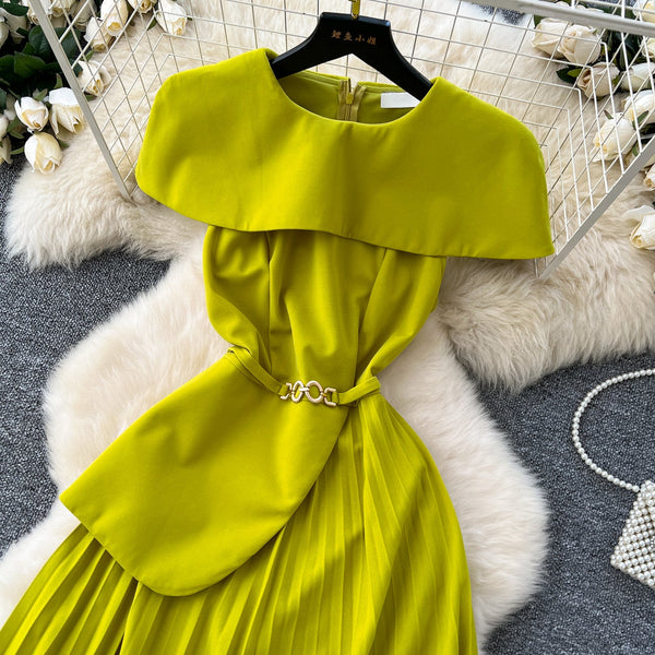 Folded Collar Pleated Mustard Green Dress