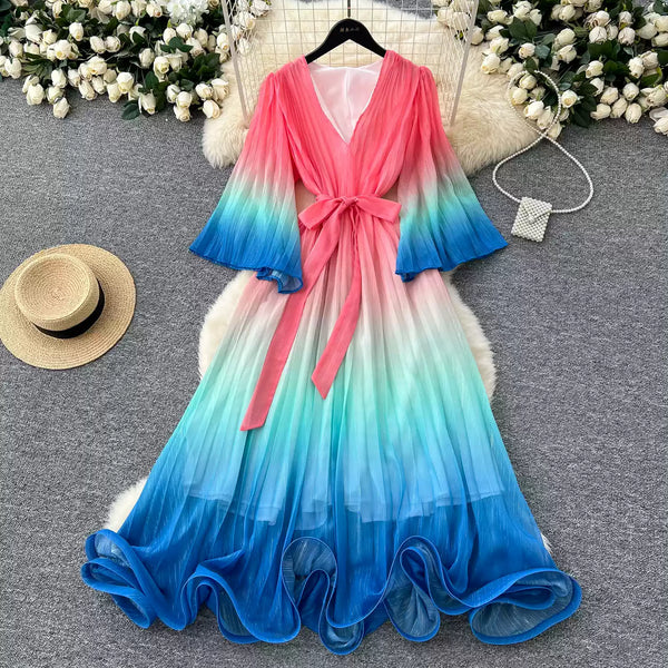 Gradient Color V-neck Fairy Dress