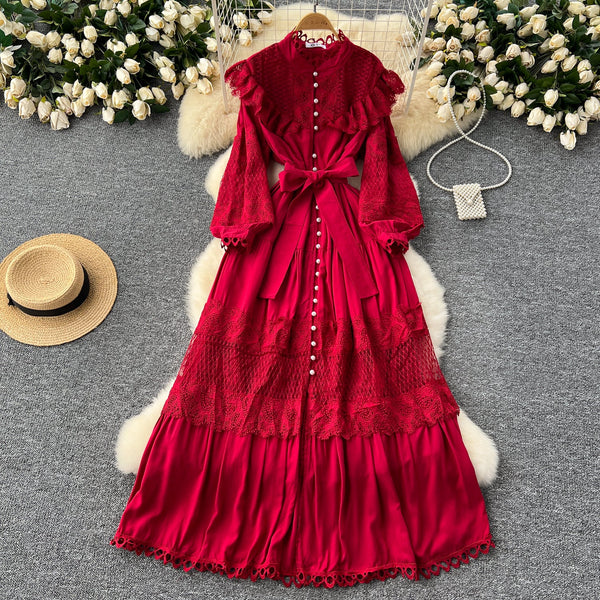Vintage Lace Patchwork Single-breasted Dress