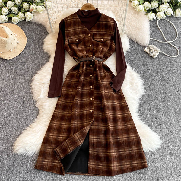 Turtleneck Sweater&Plaid Dress 2Pcs