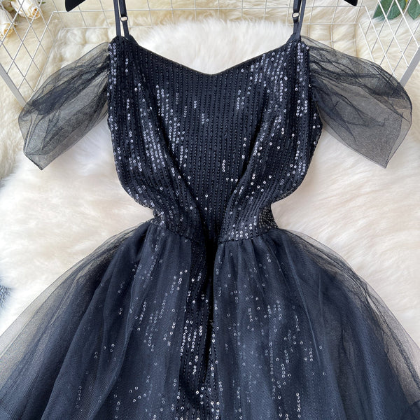 Elegant Black Mesh Sequined Slip Dress