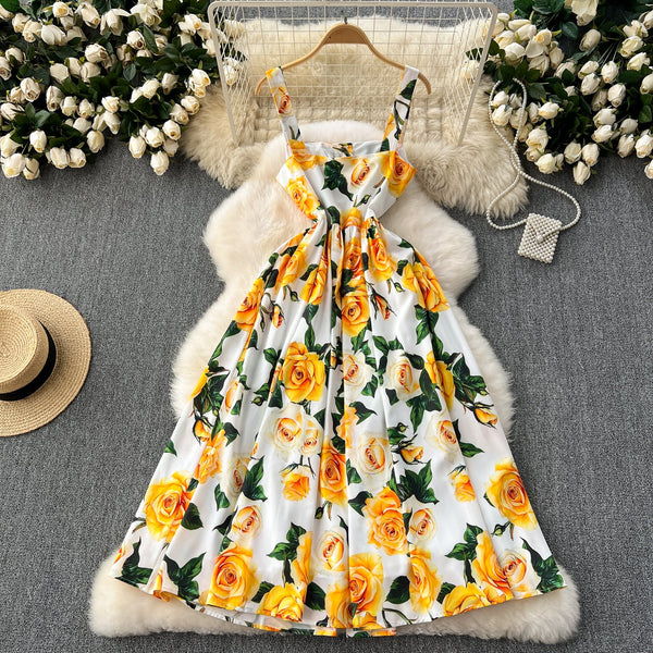 Floral Printed Single-breasted Slip Dress