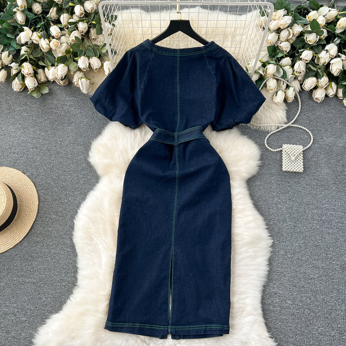 Chic Square Collar Denim Dress