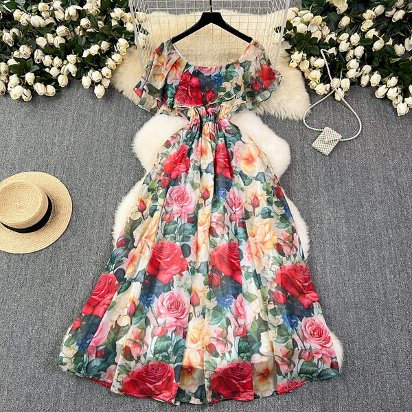 Fairy Ruffled Neckline Floral Dress