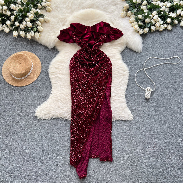 Ruffled Neckline Sequined Velvet Dress