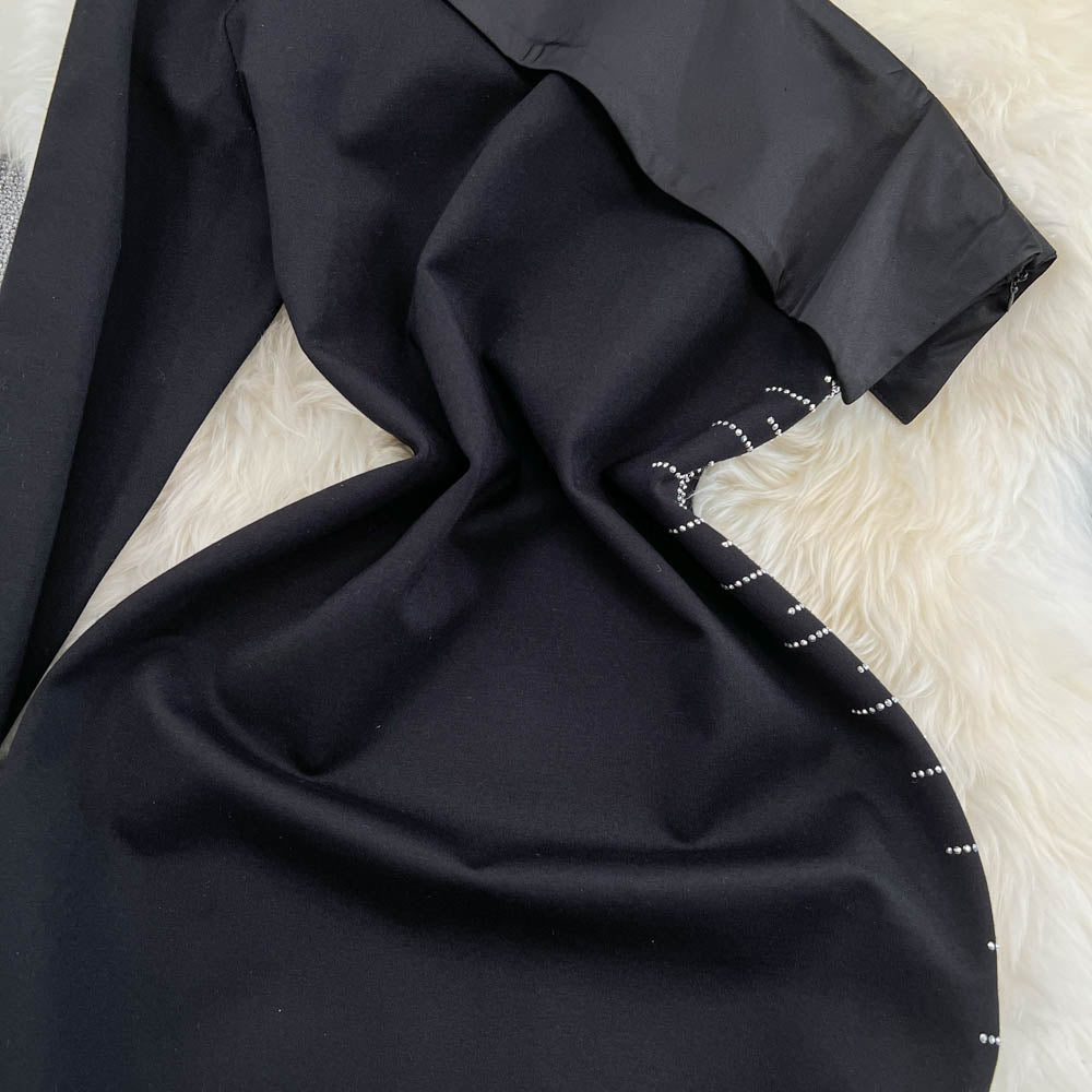 Slant Neckline Asymmetric Black Dress