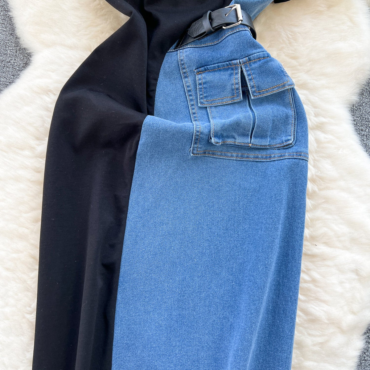 Zipped Denim Patchwork Black Dress