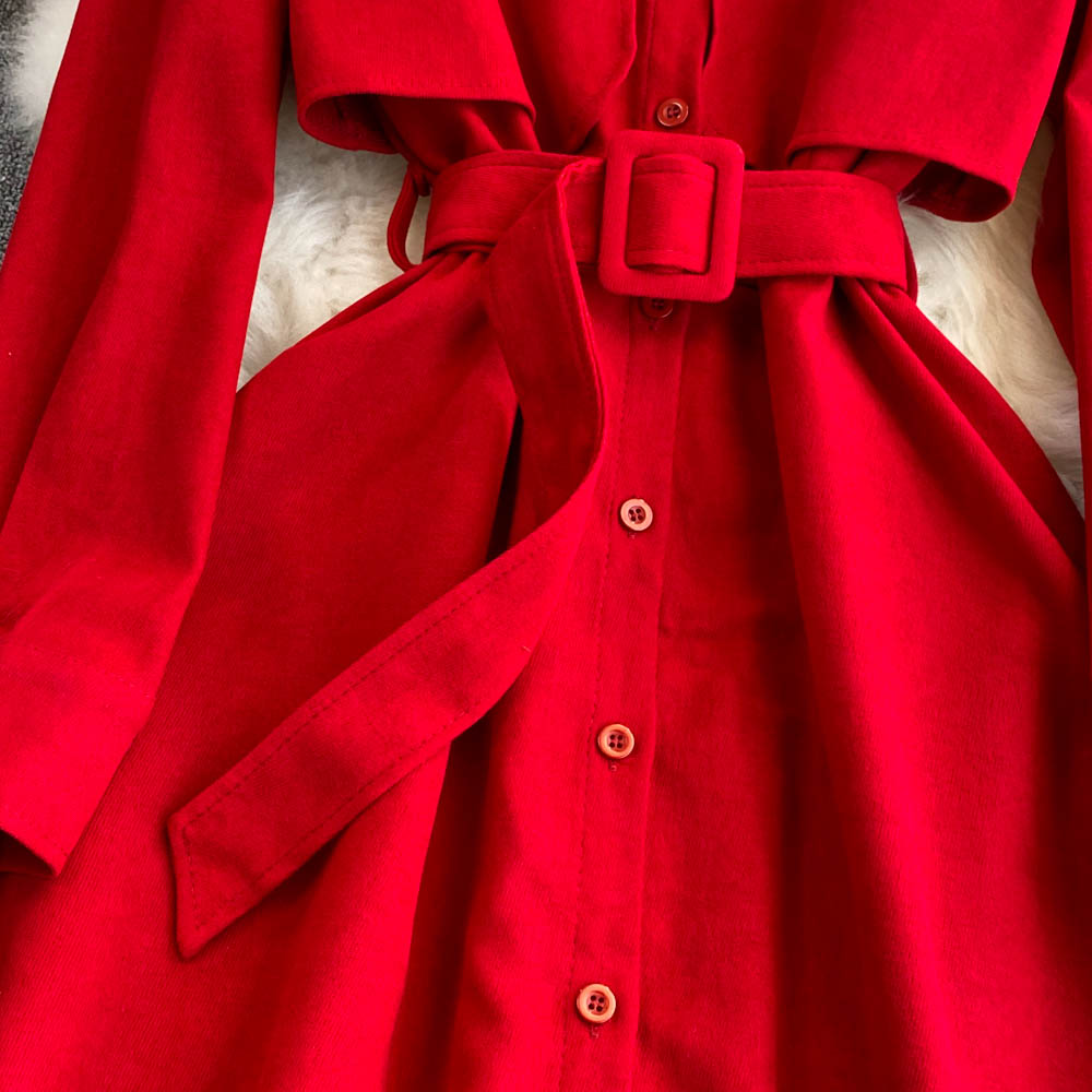 Faux Two-pieces Lapeled Corduroy Dress
