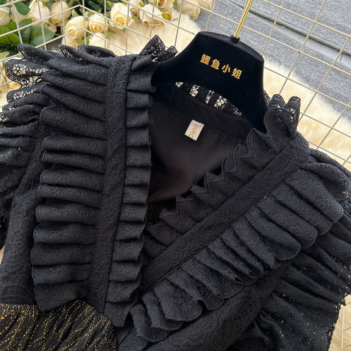 Ruffled V-neck Mesh Patchwork Dress