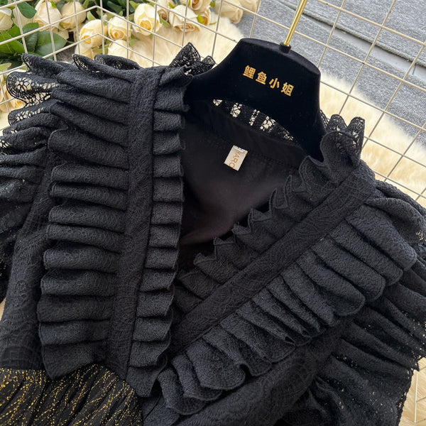 Ruffled V-neck Mesh Patchwork Dress