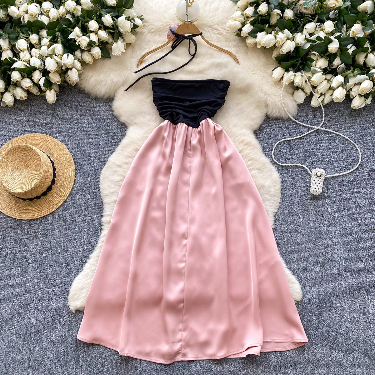 Black & Pink Satin Patchwork Split Dress