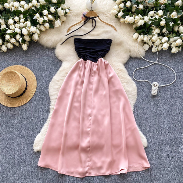 Black & Pink Satin Patchwork Split Dress