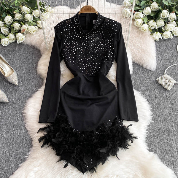 Irregular Design Fur Fringed Beaded Dress