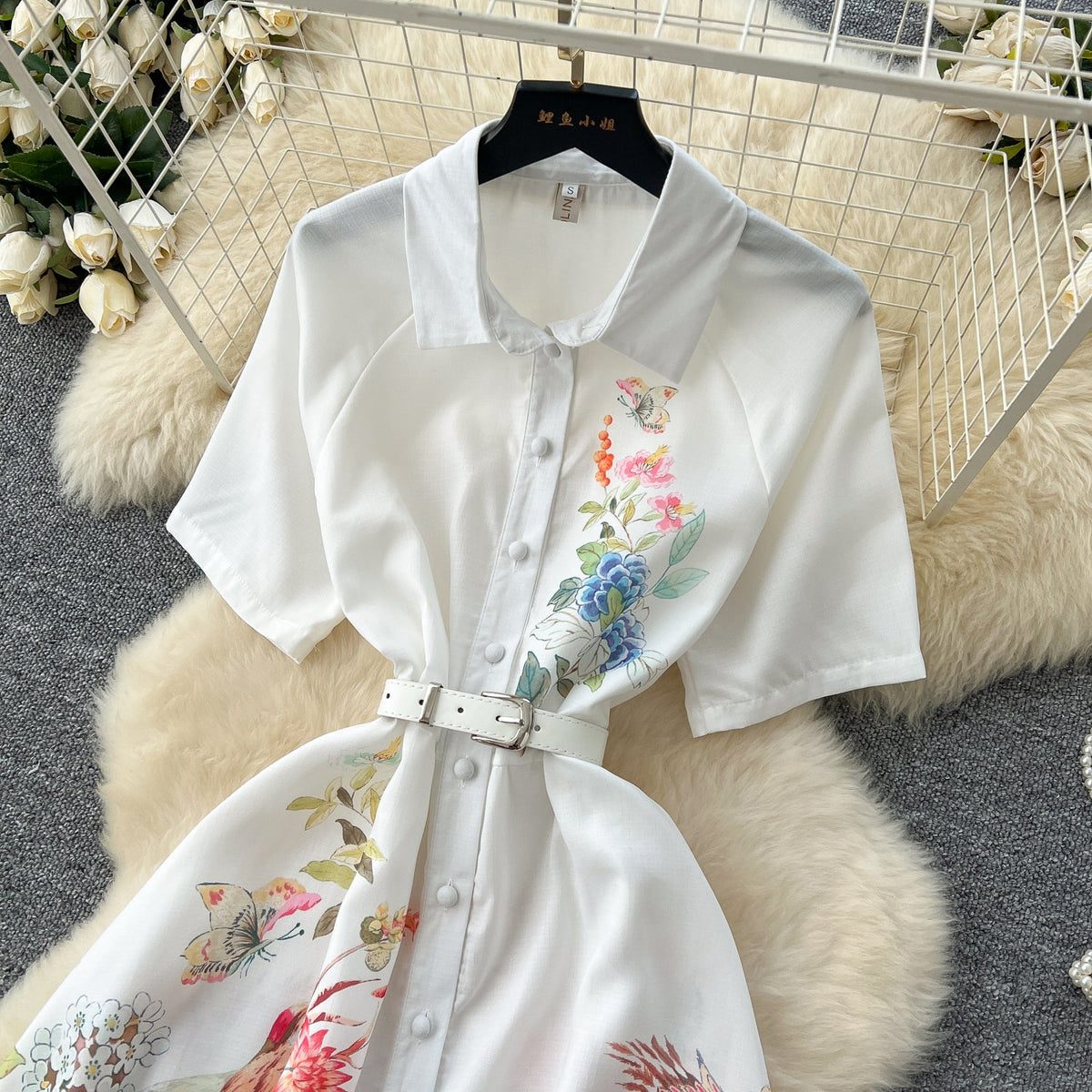 Polo Collar Floral White Shirt Dress