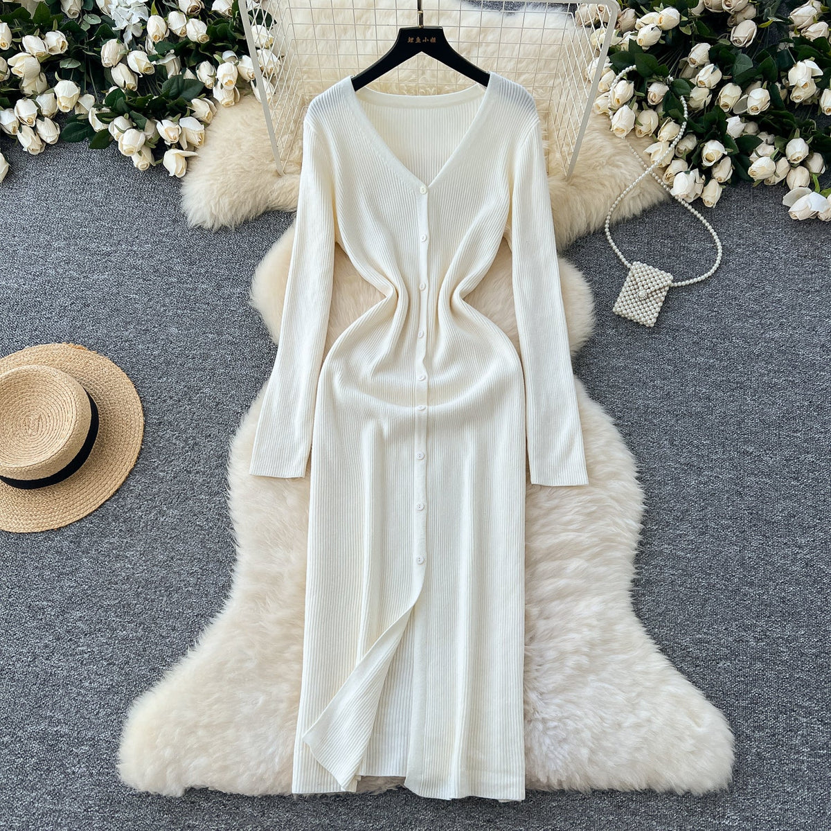 V-neck Single-breasted Cardigan Dress