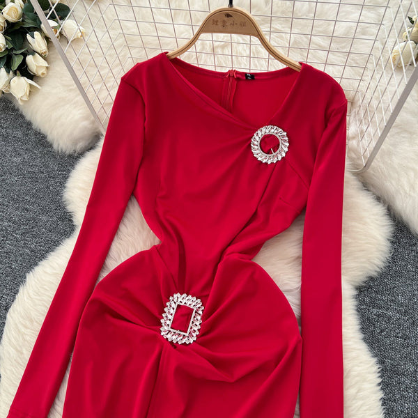 Slant Neckline Rhinestone Studded Party Dress