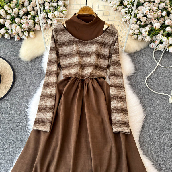 Striped Knitwear&Halter Dress 2Pcs