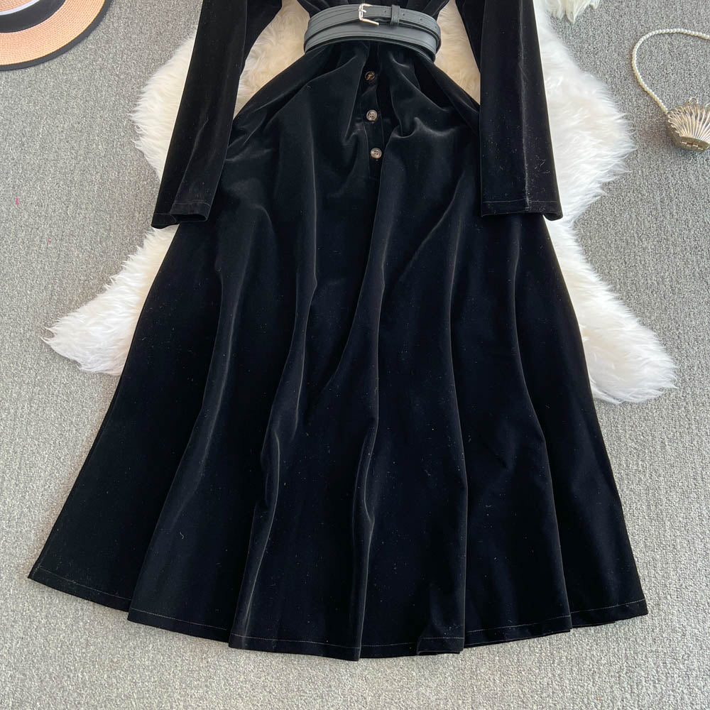 Simple Design Black Velvet Shirt Dress