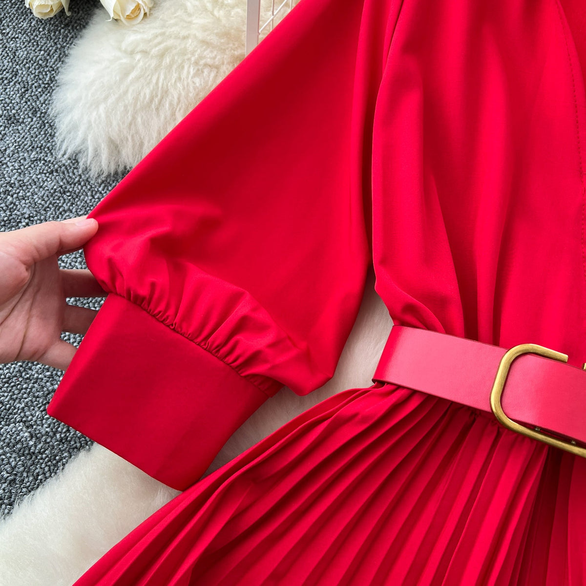 Lapeled Pleat Shirt Dress with Belt