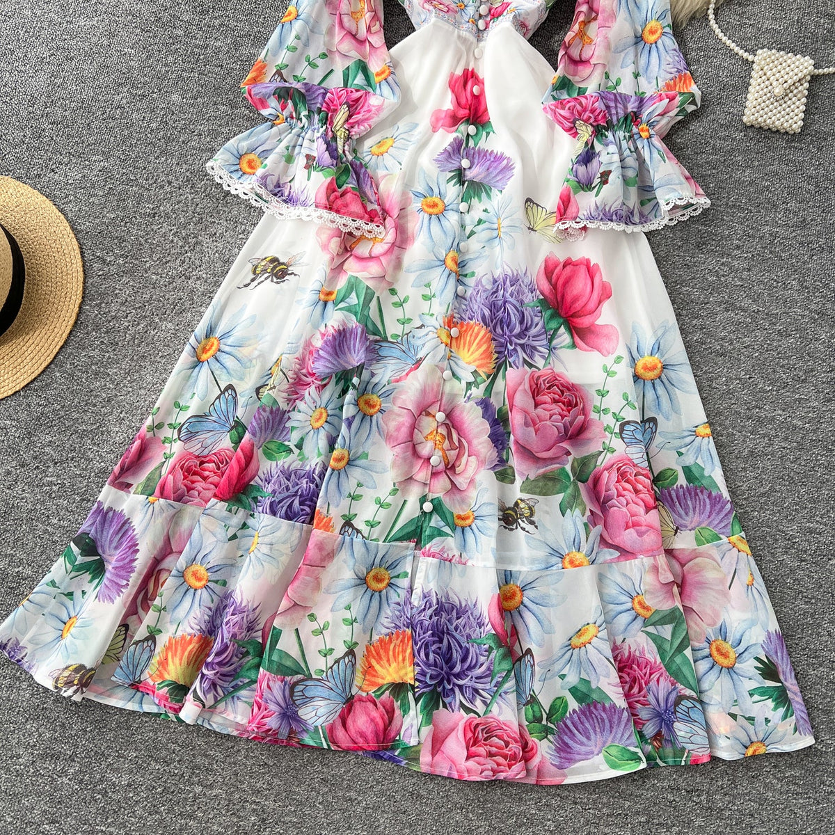 Deep V-neck Ruffled Floral Dress