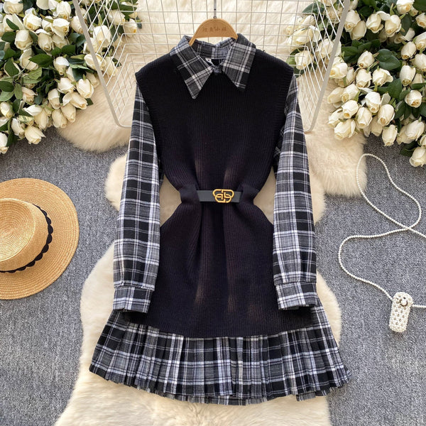 Knitted Vest & Plaid Shirt Dress 2Pcs