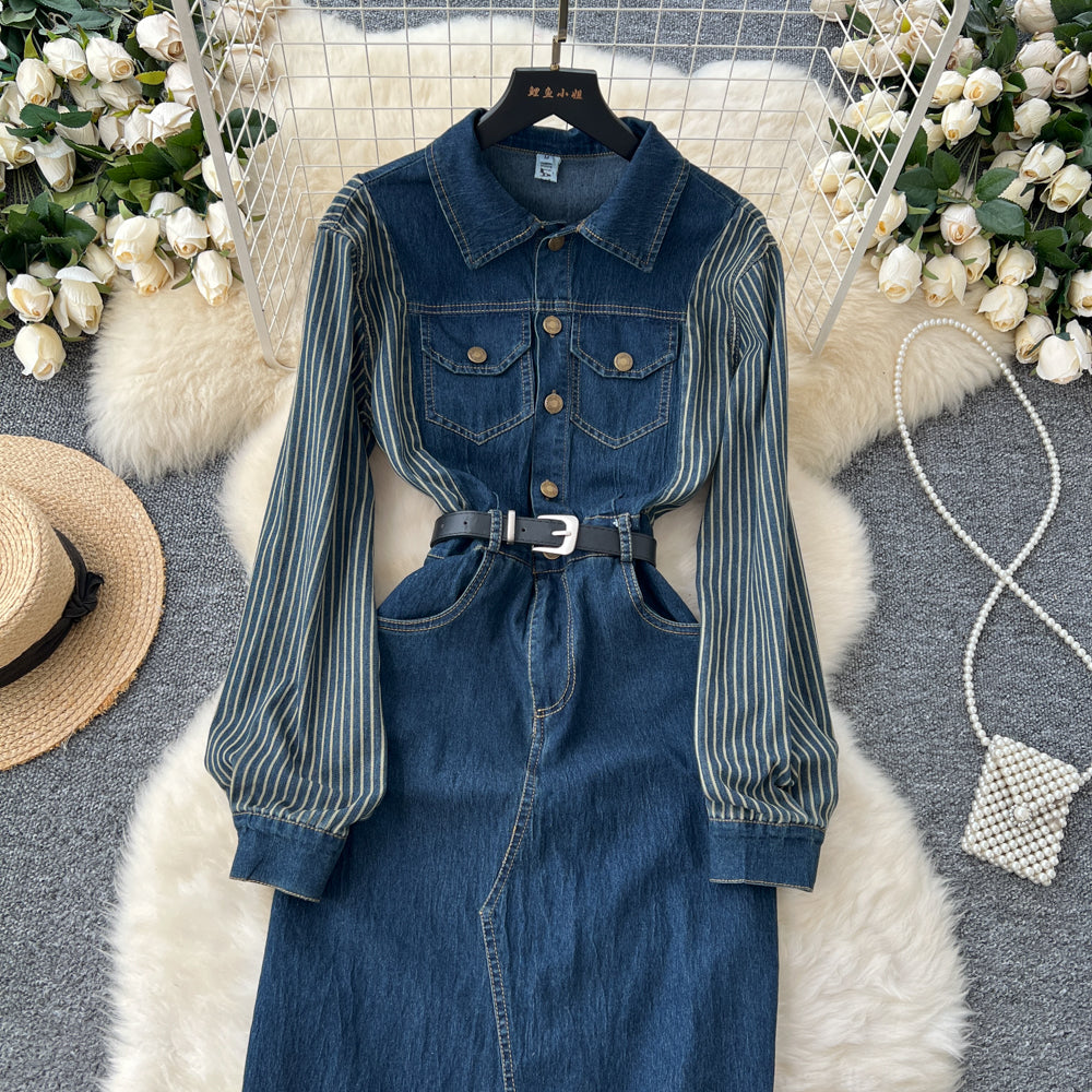 Striped Sleeve Denim Patchwork Dress