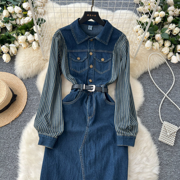 Striped Sleeve Denim Patchwork Dress