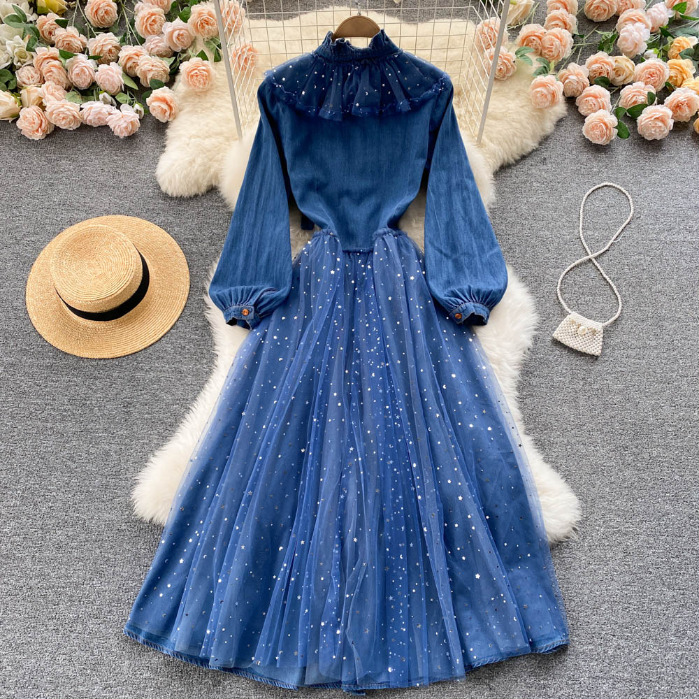 Niche Mesh Patchwork Denim Shirt Dress