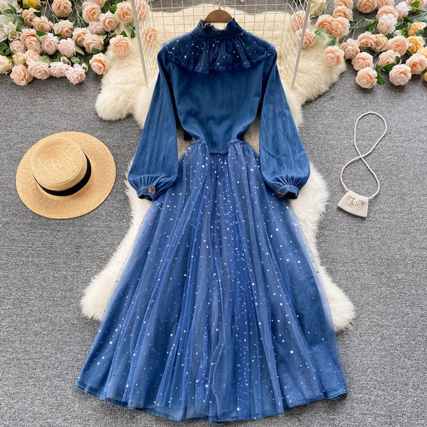 Niche Mesh Patchwork Denim Shirt Dress
