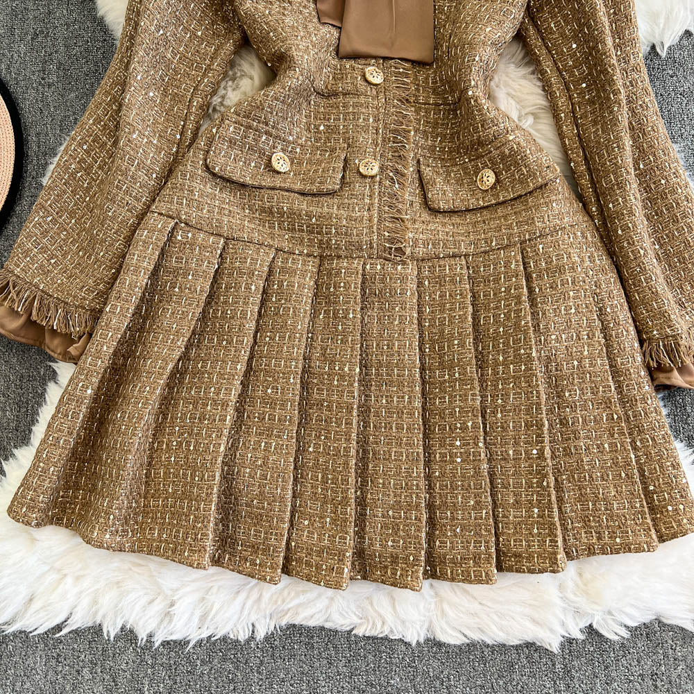Faux Two-pieces Khaki Pleated Dress