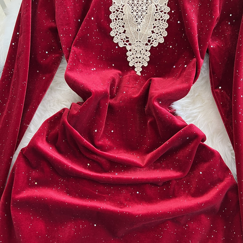 Lace Embroidered Velvet Cheongsam