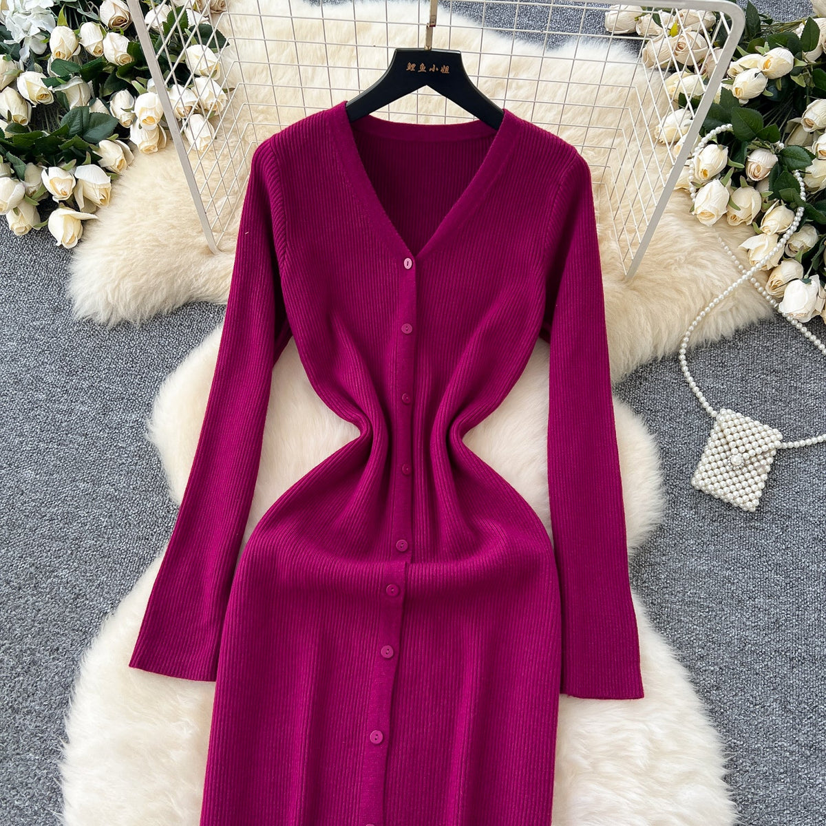 V-neck Single-breasted Cardigan Dress
