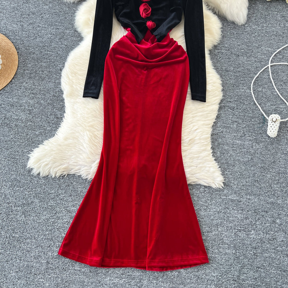 3D Floral Suede Patchwork Dress