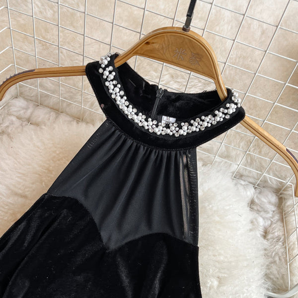 Rhinestone Studded Halter Black Dress