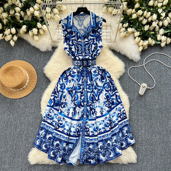 Courtly Sleeveless Lapeled Floral Dress