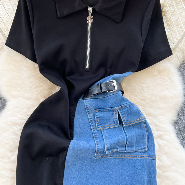Zipli Denim Patchwork Siyah Elbise
