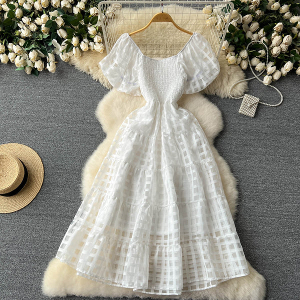 Solid Color Plaid Puffy Dress