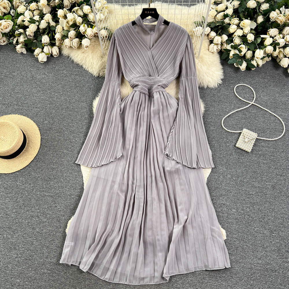 Vintage Pleated Chiffon Halter Dress