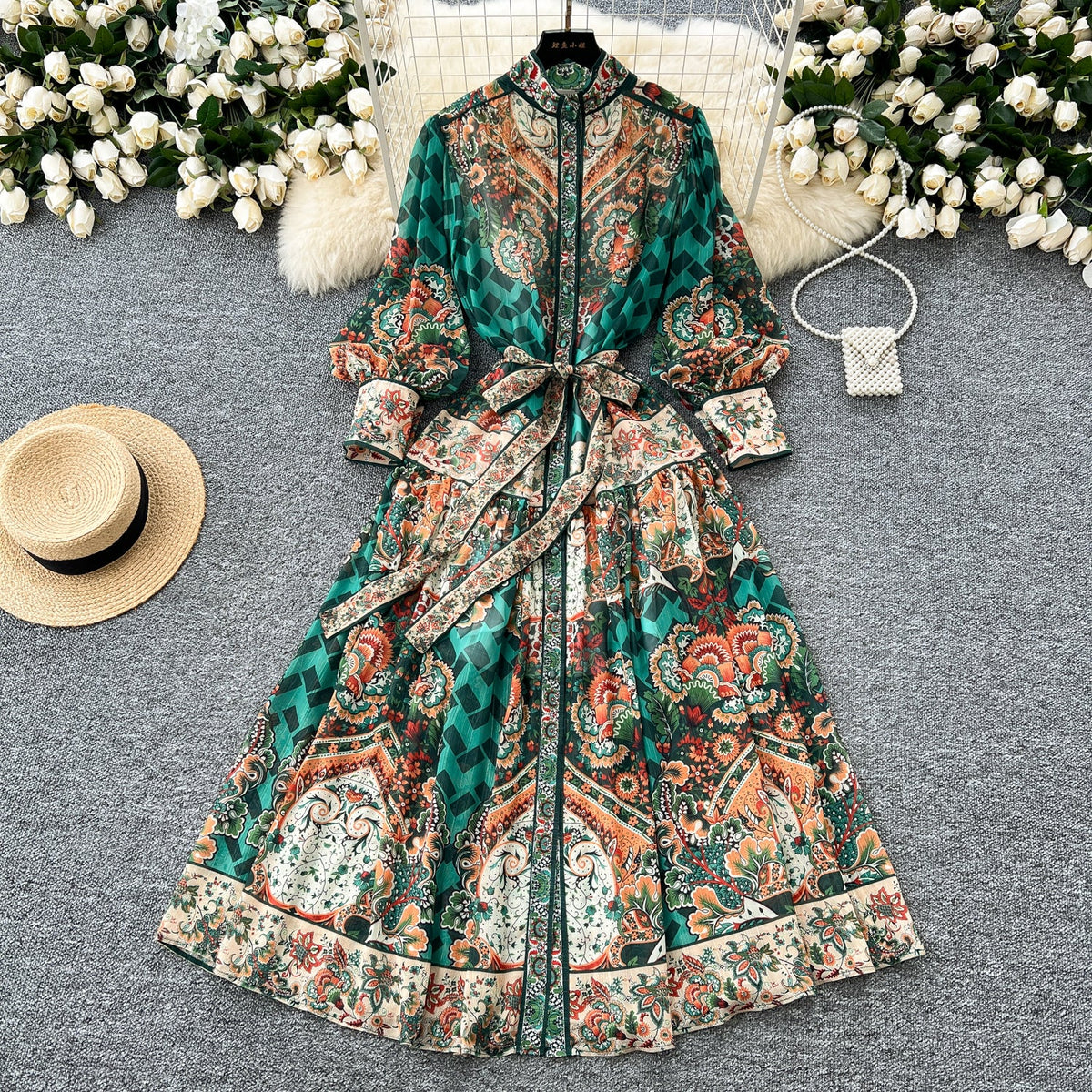 Courtly Stand Collar Floral Chiffon Dress