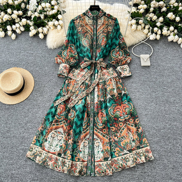 Courtly Stand Collar Floral Chiffon Dress