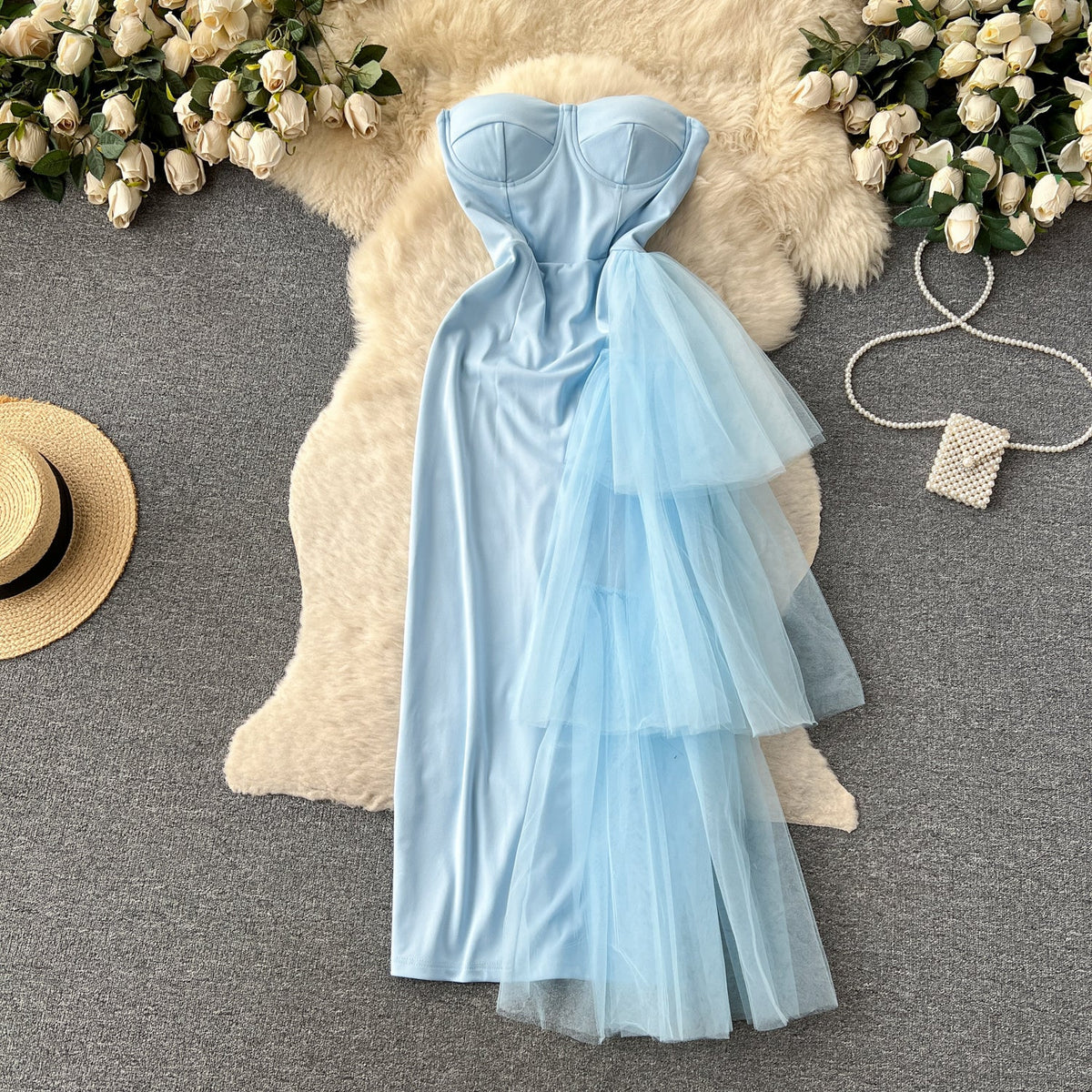 Mesh Ribbon Patchwork Off-shoulder Dress