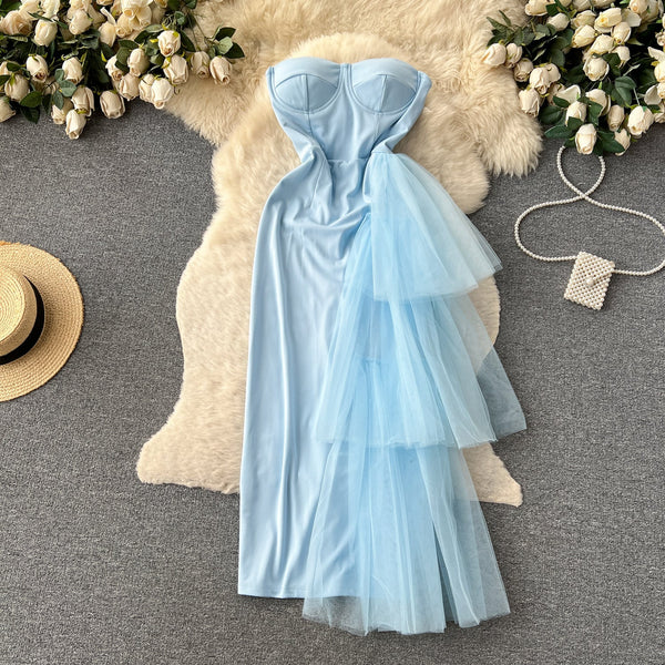 Mesh Ribbon Patchwork Off-shoulder Dress
