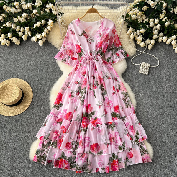 Vintage Lace-up Pleated Floral Dress
