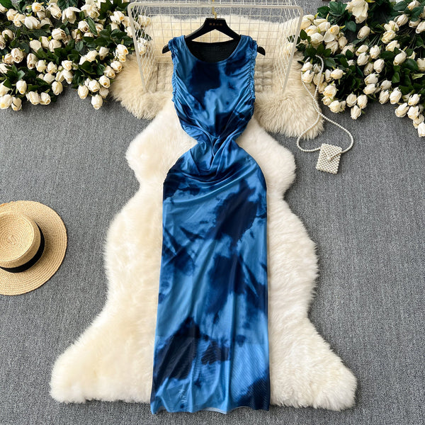 Elegant Tie-dye Pleated Vest Dress