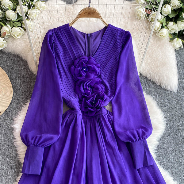V-neck 3d Floral Chiffon Dress