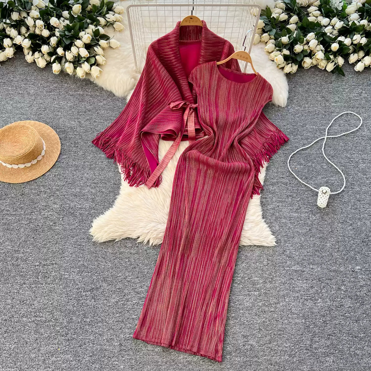 Beaded Fringed Cardigan & Vest Dress 2Pcs