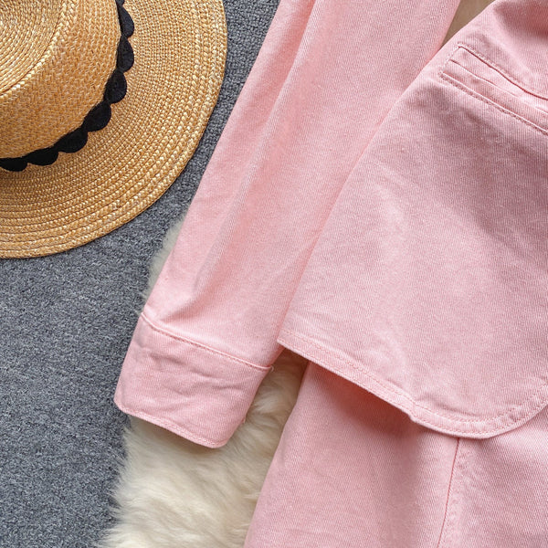 Vintage Candy Color Denim Shirt Dress