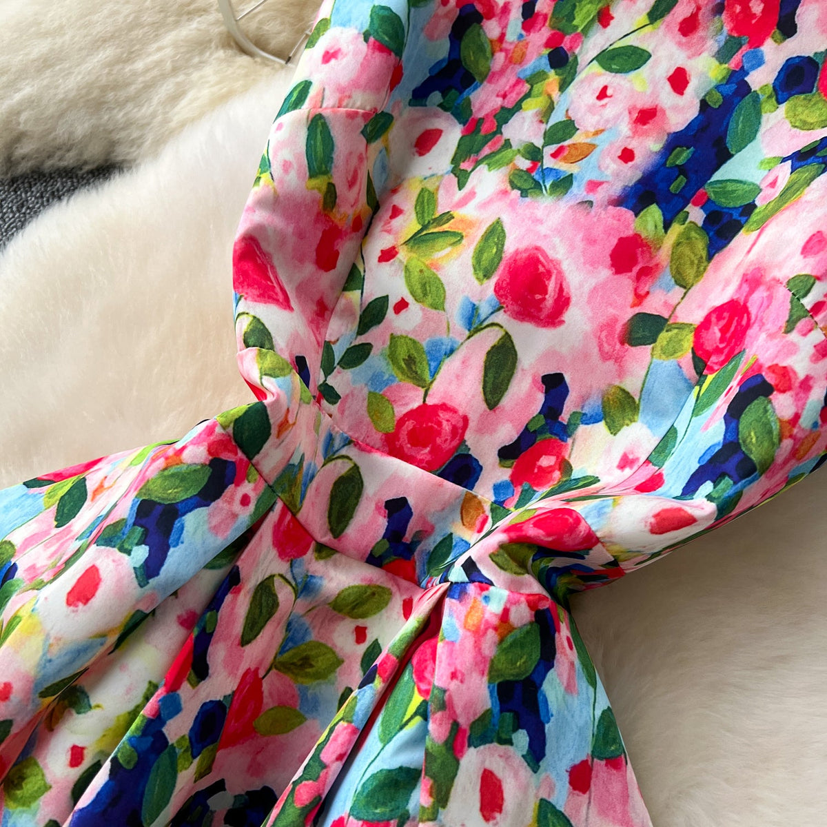 Colorful Floral Puffy Vest Dress