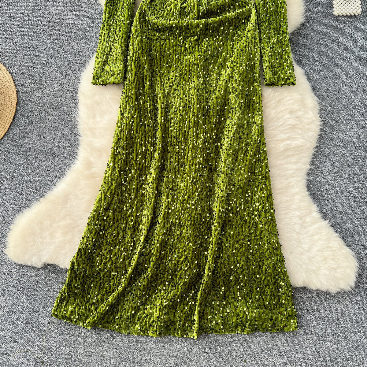 Beaded Collar Sequined Velvet Dress